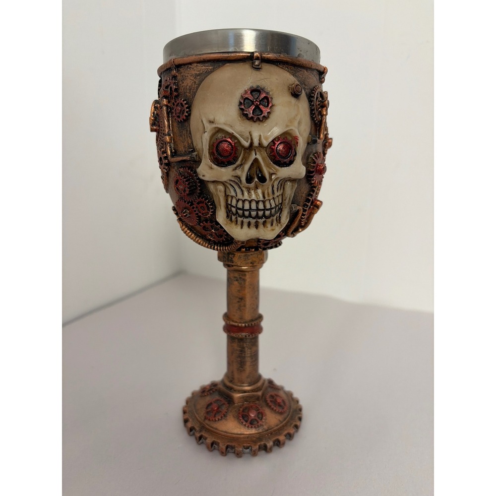 Steampunk Goblet 6oz Bronze Goth Skull Gearwork Bar Decor Halloween Grunge